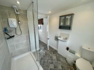 a bathroom with a shower and a toilet and a sink at Shepherds Gate at The Royal Oak Much Marcle in Preston