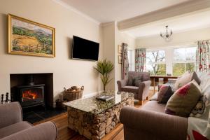 a living room with a couch and a fireplace at Orroland Holiday Cottages in Dundrennan