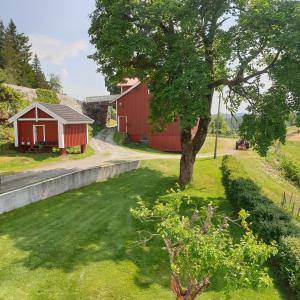 Iveland的住宿－Gårdshuset Håverstad，院子里的红谷仓和一棵树