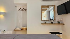 a bedroom with a bed and a mirror at Polychronis Private Suite in Pollonia