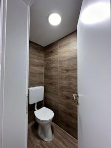 a bathroom with a toilet and wooden walls at Apartment Ana in Arzl im Pitztal