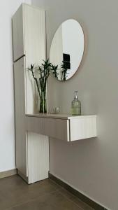 Cette chambre comprend un miroir et une étagère avec une plante. dans l'établissement Apart Center Madryn, à Puerto Madryn