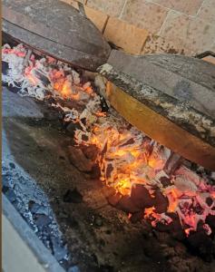 a spatula cooking over a fire in a grill at Rafting Blue River Tara in Šćepan-Polje