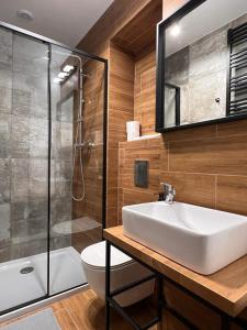 a bathroom with a sink and a shower and a toilet at Green Hill Apartments Katowice in Katowice