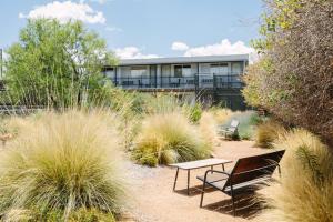 a bench sitting in the middle of a field of grass at Thunderbird Hotel in Marfa