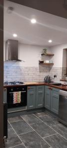 a kitchen with gray cabinets and a stove top oven at The Stables in Skibbereen