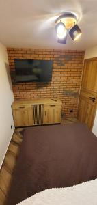 a bedroom with a television and a brick wall at Domki letniskowe "U Adaska" in Chałupy