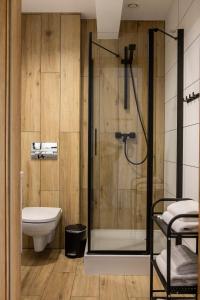 a bathroom with a shower and a toilet at Przystań Posmakuj in Tereszewo