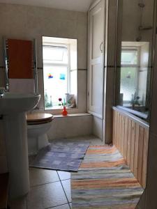a bathroom with a sink and a toilet and a window at Entire characterful cottage in Calstock, Cornwall in Calstock
