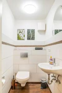 een witte badkamer met een toilet en een wastafel bij Gemütliche 3-ZKB WC SouterrainWohnung in Bestlage in Hamburg