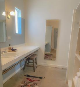uma casa de banho com um lavatório e um espelho em Thunderbird Hotel em Marfa