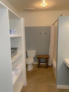 een badkamer met een toilet en een tafel. bij Thunderbird Hotel in Marfa