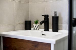 a bathroom sink with a faucet and a plant on it at Studio Apartments Summer Time in Kamenari