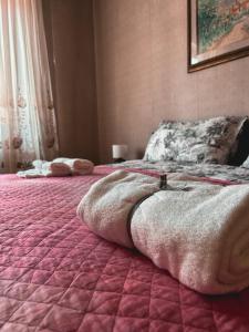 een slaapkamer met 2 bedden en een roze dekbed bij Milkyway Apartment in Viareggio