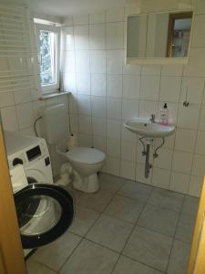 uma casa de banho com um WC e um lavatório em Ferienwohnung PETER em Rudolstadt