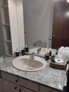 a bathroom counter with a sink and a mirror at bonito piso zonas 1'5 del centro in Pamplona
