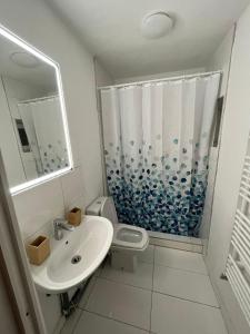 uma casa de banho com um WC, um lavatório e um chuveiro em Ein schönes Zimmer in Kiel em Kiel
