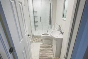 a white bathroom with a toilet and a sink at Stylish and luxurious apartment basement unit in Longueuil