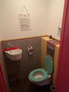 a bathroom with a green toilet and a sink at An Artist Created it in Middelburg