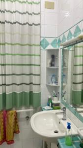 ein Bad mit einem Waschbecken und einem Duschvorhang in der Unterkunft Villa Claudia Relais in Mirto