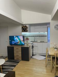 a kitchen with a table and a tv in a room at Sunrise Apartment in Skopje