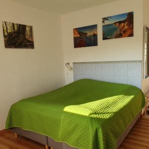 a bedroom with a green comforter on a bed at Ferienwohnungen Rügen-Glück in Lohme