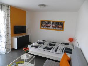 ein Schlafzimmer mit einem Bett und einem TV. in der Unterkunft Ferienwohnung BELVEDERE Orange in Rust