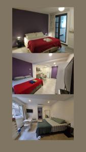 duas fotografias diferentes de um quarto com duas camas em Suítes/Studios Privados Copacabana no Rio de Janeiro
