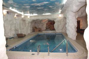 a large swimming pool in a room with a rock wall at Kleopatra VIP hotel in Kamianets-Podilskyi