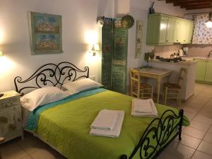 a bedroom with a green bed and a kitchen at Ergina Summer Resort in Antiparos