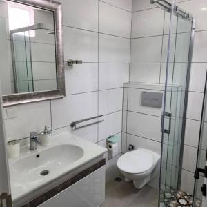 La salle de bains est pourvue de toilettes, d'un lavabo et d'un miroir. dans l'établissement Traumhaus mitten in der City 60 Meter zum Meer, à Kusadası