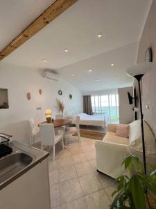 a kitchen and living room with a couch and a table at Studio apartment in Ivan Dolac