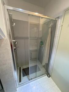 y baño con ducha y puerta de cristal. en Apartment Kaštel, en Pazin
