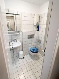 een kleine badkamer met een toilet en een wastafel bij Mühlenhaus Herkenrath in Bergisch Gladbach