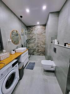 a bathroom with a toilet and a sink and a washing machine at Apartament w Parku nad Kanałem in Bydgoszcz