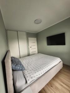 a bedroom with a bed and a flat screen tv at Apartament w Parku nad Kanałem in Bydgoszcz