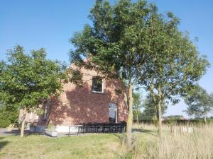 une maison en briques avec un arbre devant elle dans l'établissement Maracci vakantiehoeve, à Pervijze