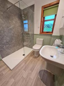 La salle de bains est pourvue d'une douche, de toilettes et d'un lavabo. dans l'établissement Kings Reach - Dunadd Cottage, à Kilmichael Glassary