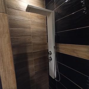 a bathroom with a shower with a wooden door at Studio near the port !!! in Paralia Katerinis
