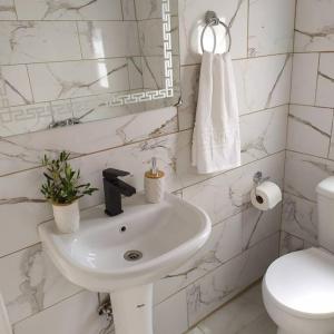 a white bathroom with a sink and a toilet at Studio Aphrodite in Afiartis