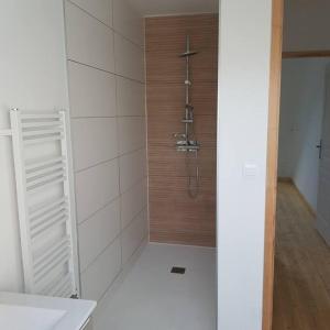 een badkamer met een douche en een houten muur bij Appartement Malawo in La Flèche