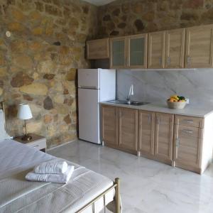 een keuken met een witte koelkast en houten kasten bij Studio Aphrodite in Afiartis