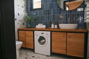 uma casa de banho com uma máquina de lavar roupa e um lavatório em Dzikie Lisko - Domek Południowy em Lesko