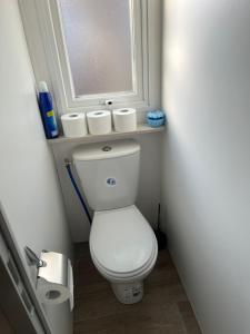 a bathroom with a toilet with three rolls of toilet paper at Mobile home camping in Le Grau-du-Roi