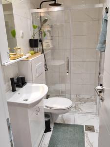 y baño con ducha, aseo y lavamanos. en Apartman Modiano en Vrnjačka Banja
