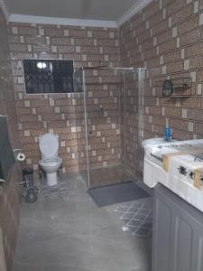 a bathroom with a shower with a toilet and a sink at Wanderlust Hostel in Bergville