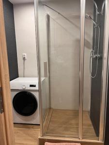 a shower in a bathroom with a washing machine at Sparrow apartmens 3 in Košice