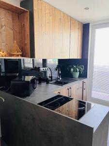 a kitchen with wooden cabinets and a black counter top at Sparrow apartmens 3 in Košice