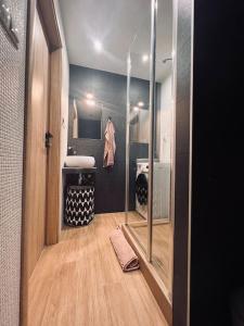 a small bathroom with a sink and a mirror at Sparrow apartmens 3 in Košice