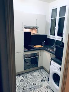 eine kleine Küche mit Spüle und Geschirrspüler in der Unterkunft Appartement 60 m², porte de Saint-Cloud in Boulogne-Billancourt